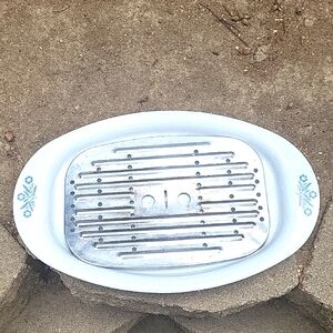 Vintage Corning serving platter  13 x 8 3/4 with metal drip tray